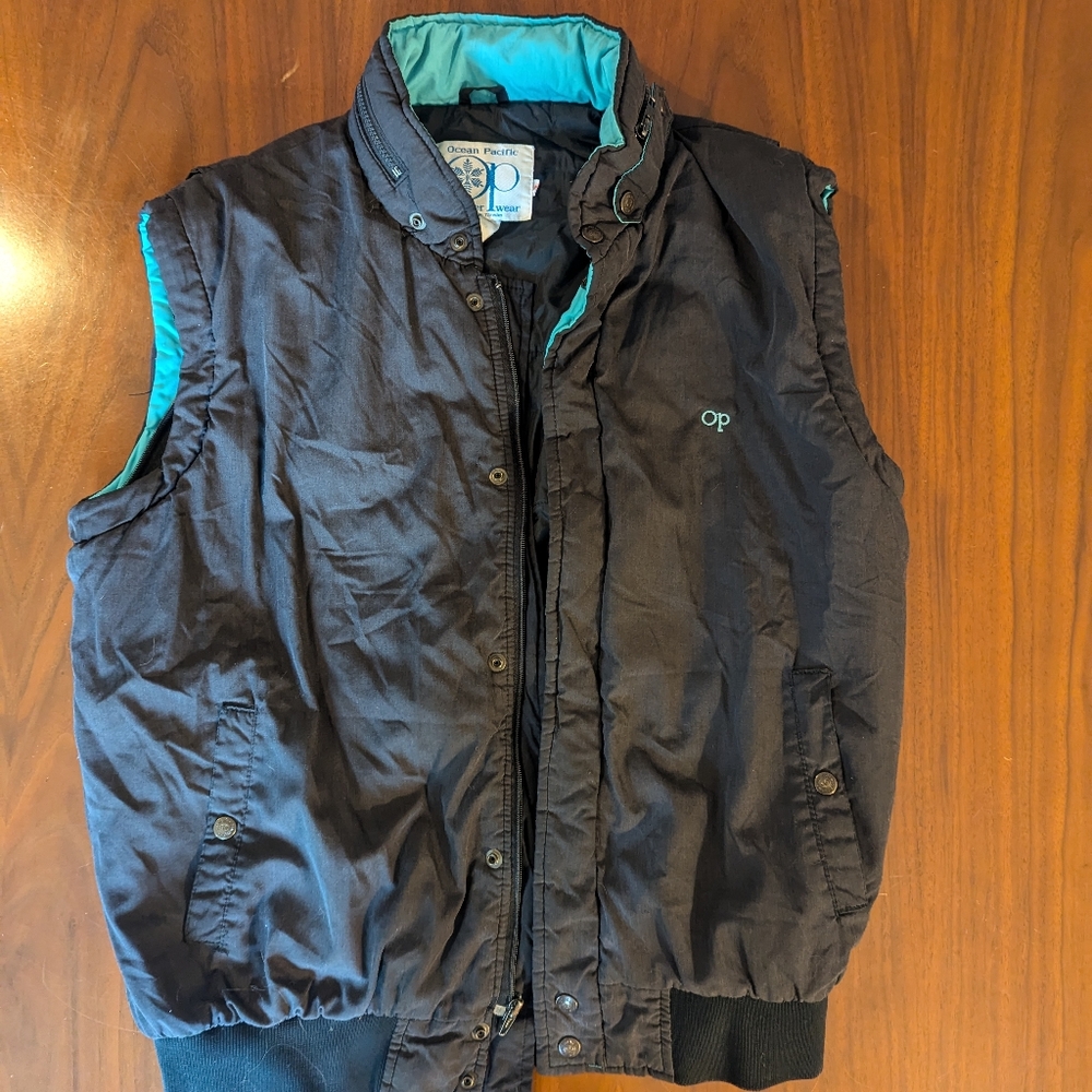 Vintage Ocean Pacific Black and Teal Puffer Vest